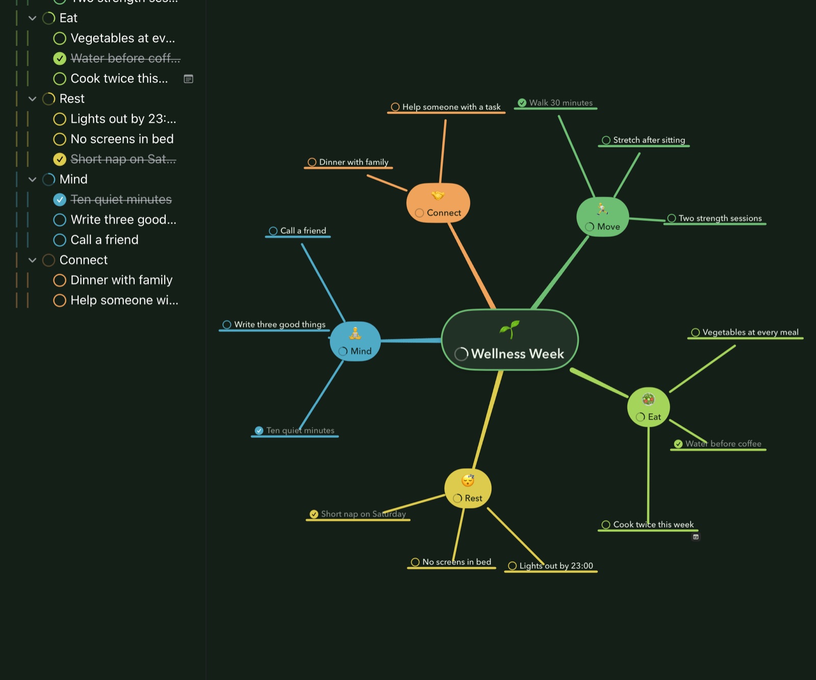 A wellness plan mind map in dark mode on iPad